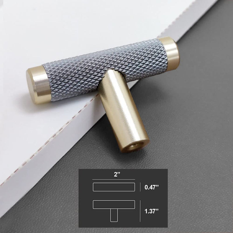 10 Pack 2 Inch Knurled Cabinet T Knob Cabinet Pulls Aluminum T Knob Gold and Grey Oxidation Finish with Diamond Pattern 2" Length Gold and Grey T 10