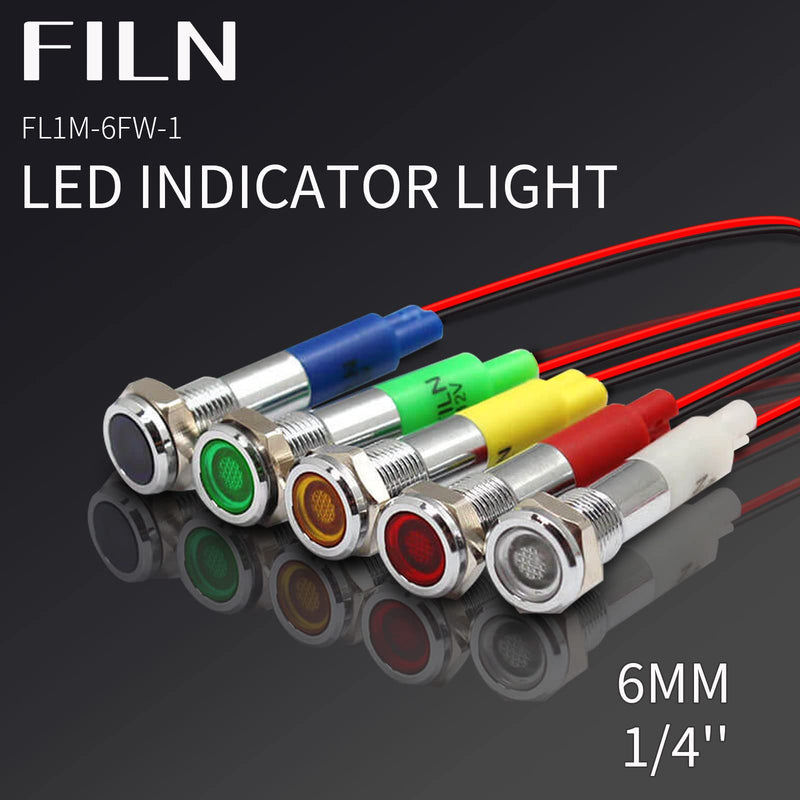 FILN Pack of 10 12V LED indicator light pilot signal lamp 6mm (1/4") 24V red green blue yellow white metal surface lights (black anodized-red2pcs+green2pcs+yellow2pcs+blue2pcs+white2pcs) (red+green+yellow+blue+white) 2 pieces black anodized