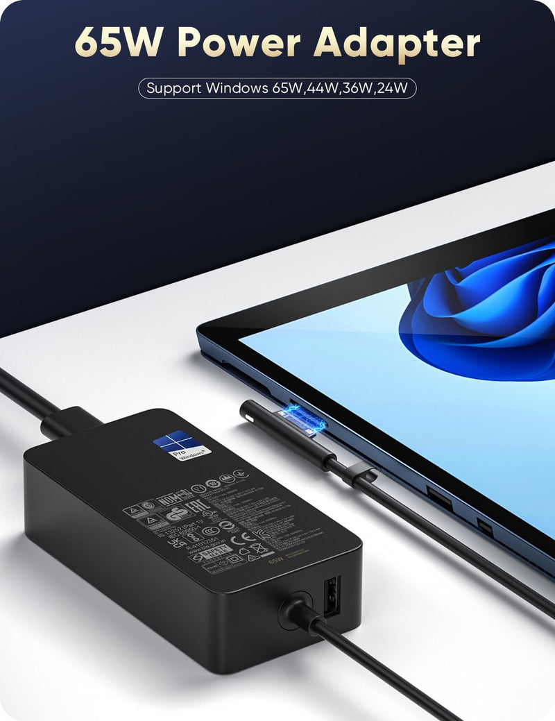 Surface Pro Charger 65W for Microsoft Surface Pro 9,8,7+,7,6,5,4,3,X,Windows Surface Laptop 5,4,3,2,1,Studio,Surface Go 3,2,1,Surface Book 3,2,1,Support 44W,36W,24W,LED,with 20inch DC Power Cable