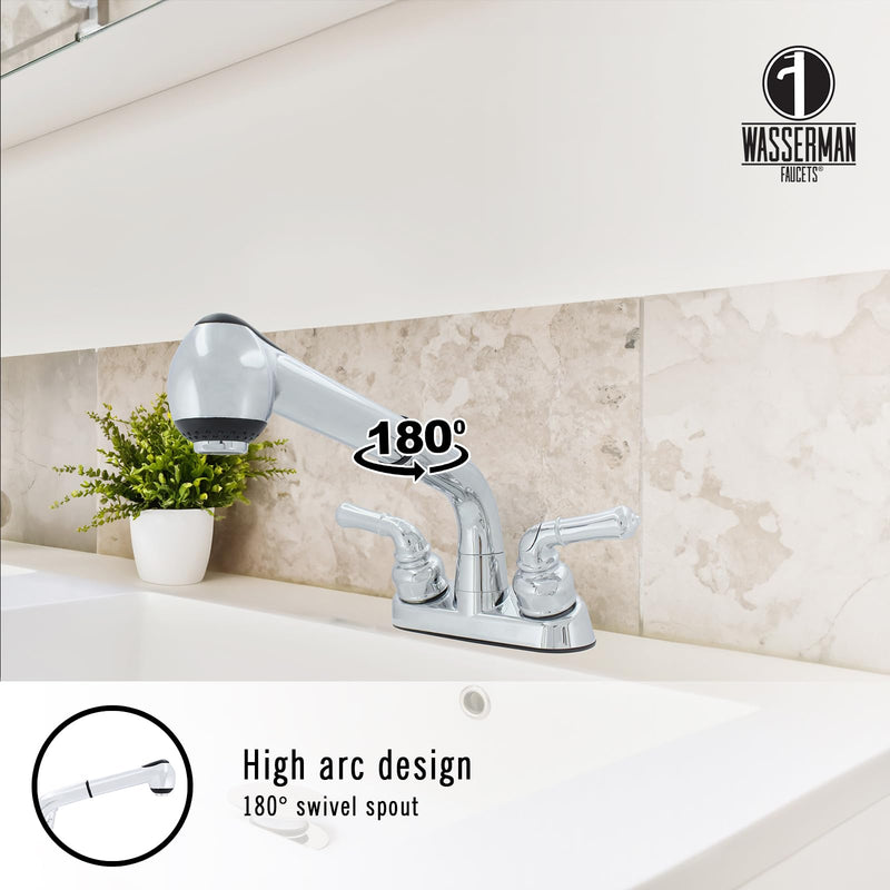 WMF 2 Handle Utility/Laundry/Shop Sink Faucet with Pull Out Sprayer in Chrome, Non-Metallic ABS Plastic, 4" Centerset for Laundry Room, Garage, Mud Room, RV