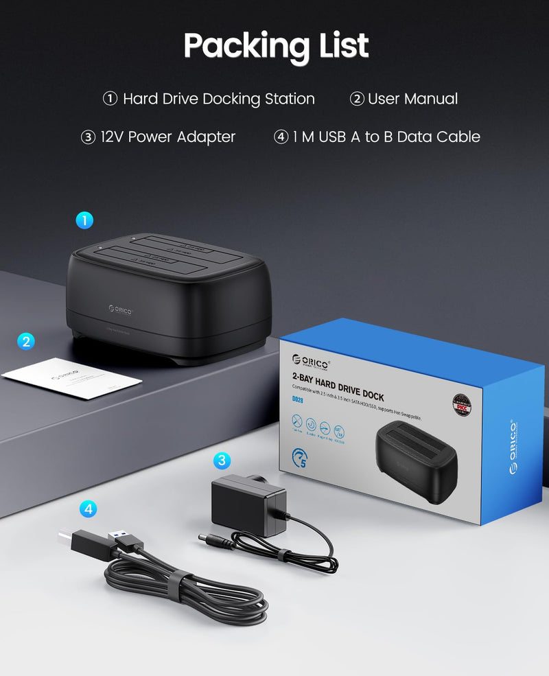 ORICO Dual Bay Hard Drive Docking Station USB 3.0 to SATA III for 3.5inch HDD Max Up to 40TB Support UASP Tool-Free for Files Backup/Game Load (without Cloner Function)-DD28 DD28U3-US