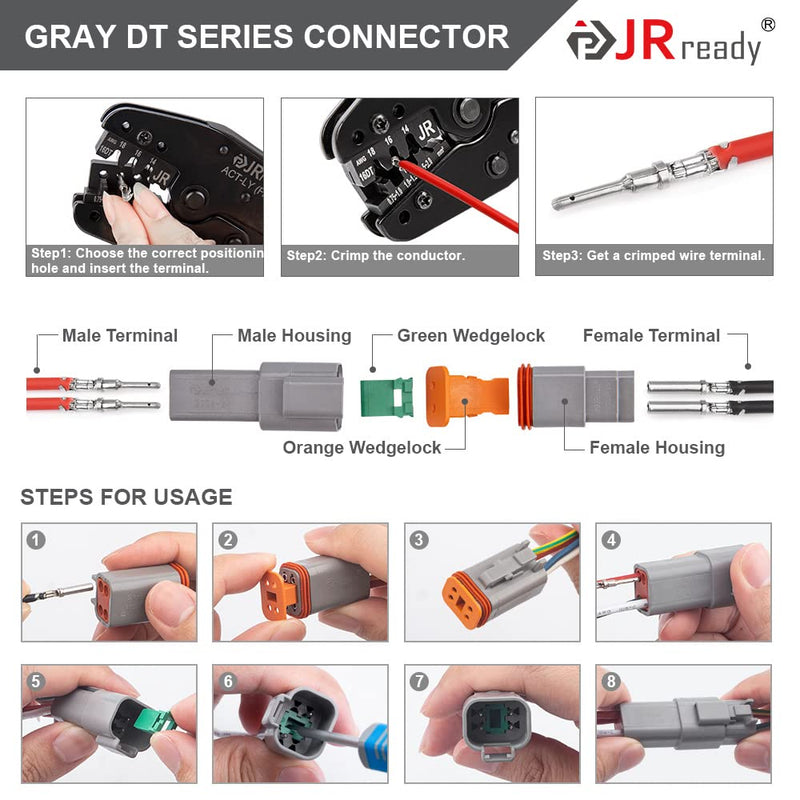 JRready ST6327-2 Deutsch 2 Pin DT Connector Kit, Gray Waterproof DT Connector 2 Pin(5 Set), Size 16 Stamped Contacts, Seal Plugs for Car, Truck, Motorcycle, Off-Road Vehicles, Marine. 2Pin 5Pair