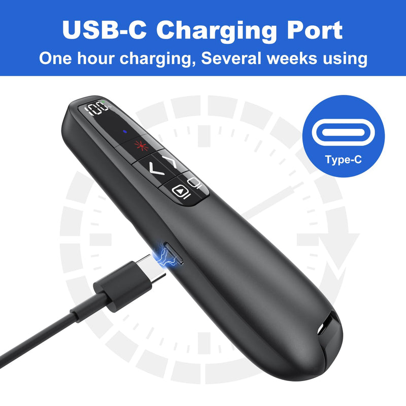 Rechargeable Presentation Clicker with Case, Power Digital Display Wireless Presenter Remote, USB C Red Light Pointer Computer PowerPoint PPT Clickers for Mac Laptop, Slideshow Google Slide Advancer Red Light & Power Display