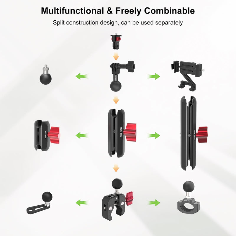 Camera Mount Super Clamp, Double Ballhead Magic Arm Clamp for GoPrO/Pocket 3 /lnsta360 X3 X4 /DSLR/Monitor/LED Light/Flash/Microphone,360°Rotating & 1/4”Screw & CNC Ebike Handlebar Clip Kit, JC008 JC008 Clamp Kit