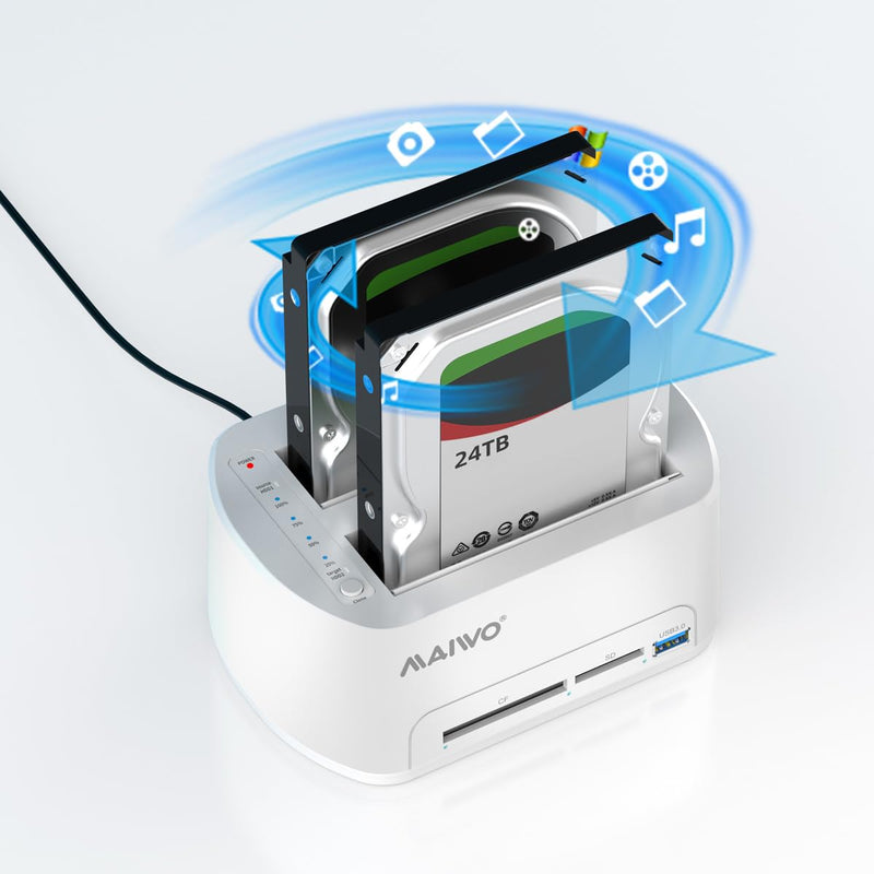 MAIWO SATA to USB 3.0 Dual-Bay Hard Drive Docking Station with Offline Clone for 2.5 & 3.5-inch HDD/SSD, Hard Drive Dock with CF/SD Card Reader, Support 2*24TB, White