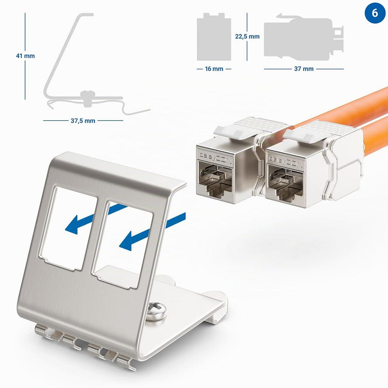 deleyCON CAT6a Keystone Jack Module 2-Port DIN Rail Adapter, Pack of 4 | Set with 2 x 2-port adapters, metal, STP shielding, RJ45 socket, 10 Gbit/s network, snap-in mounting, 35 mm DIN rail 4x Keystone + 2x Halter
