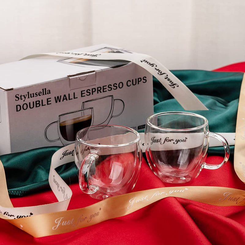 Double Wall Glass Espresso Cups 5oz/150ml, A set of 2, Thermo Insulated Borosilicate Glass Cups with Handle