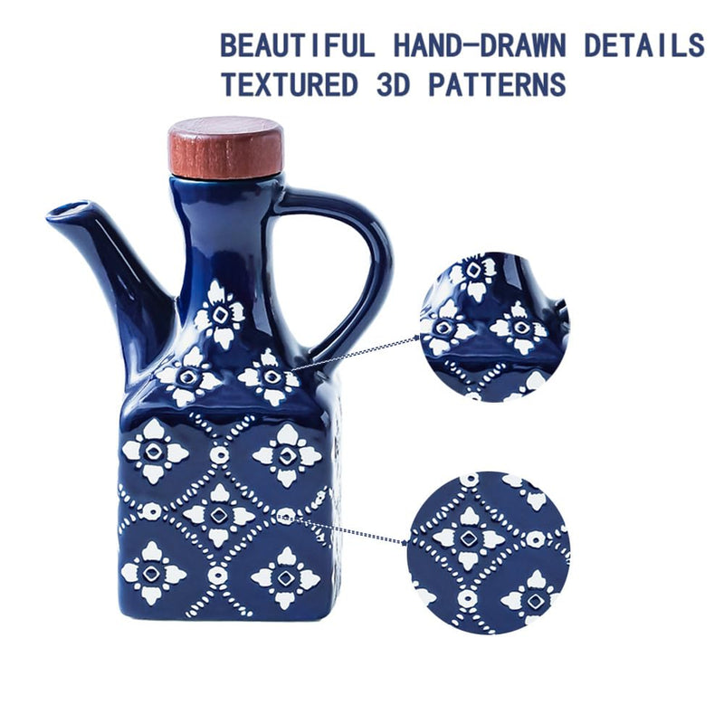 Ceramic Olive Oil Dispenser Bottle 8.5 oz – Decanter for Kitchen with Handle & Wooden Stopper, Decorative Oil and Vinegar Dispenser Set, Cooking Oil Container Cruet for Olive, Avocado, Vinegar, Jar BLUE - 8.5 oz