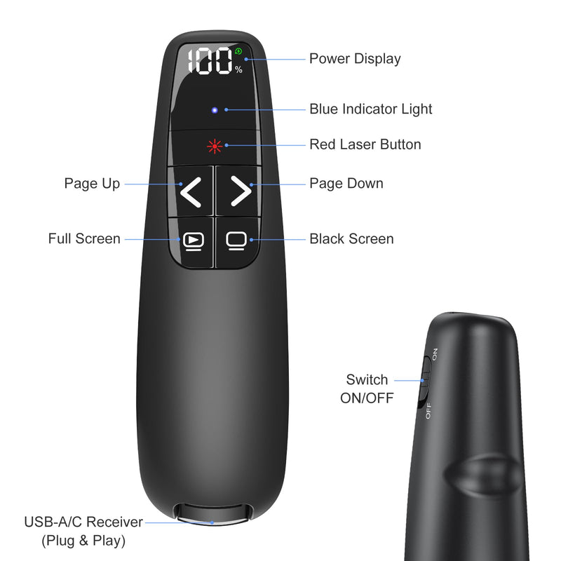 Rechargeable Presentation Clicker with Case, Power Digital Display Wireless Presenter Remote, USB C Red Light Pointer Computer PowerPoint PPT Clickers for Mac Laptop, Slideshow Google Slide Advancer Red Light & Power Display