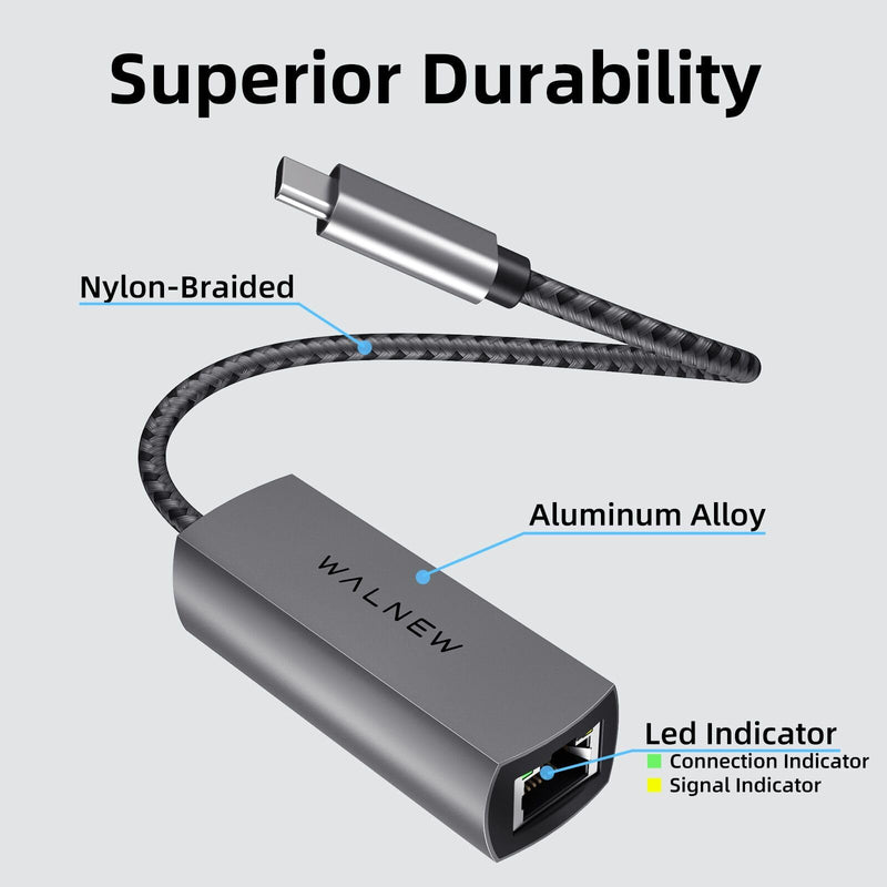 WALNEW USB-C 2.5gb Ethernet Adapter, USBC to RJ45 LAN Connector,2.5 Gigabit Network Cable Converter Thunderbolt 3 for NAS Server,Mac,iMac,MacBook Pro,iPad Air,Dell XPS 17 15,Surface Laptop,Chromebook