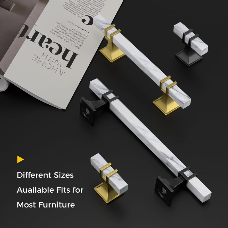 Rergy Cabinet Handles Marble Drawer Pulls and Knobs, 10Pack White Marble & Black Single Hole, T-Bar Hardware for Kitchen Dresser Zinc Alloy Furniture 10