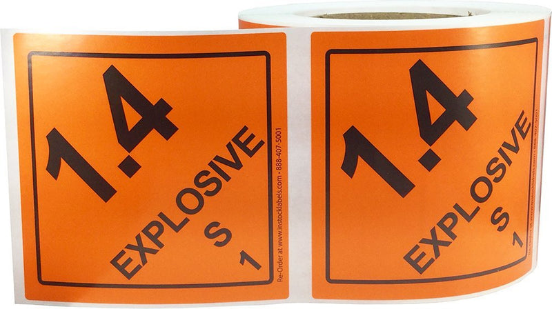 Hazard Class 1 D.O.T. Explosives 1.4S Labels, 4 x 4 Inch Square Orange and Black Hazmat Stickers, 500 Total Adhesive Labels on a Roll for Shipping and Compliance – Made in the USA