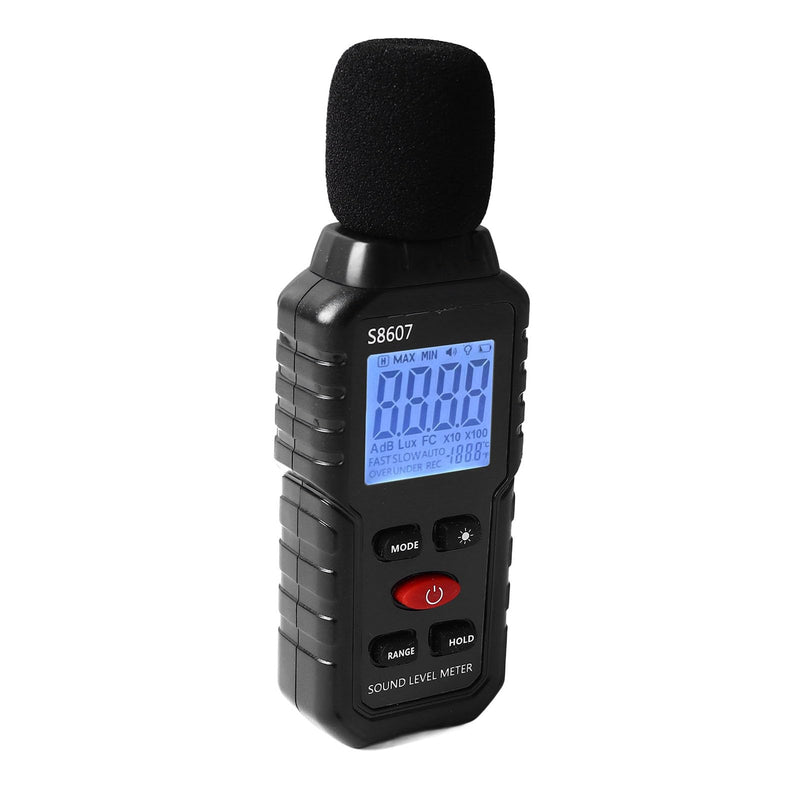 Decibel Meter, S8607 Digital Sound Level Meter 30-130 dB with LCD Display with Backlight MAX/MIN, Portable SPL Meter with Data Storage, High Precision