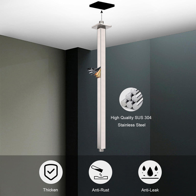 Ceiling Mounted Shower Arm, Rain Shower Square Extension Arm with Flange and Teflon Tape Stainless Steel Ceiling Mount Shower Extender (24 Inch, Brushed Nickel) 24 Inch
