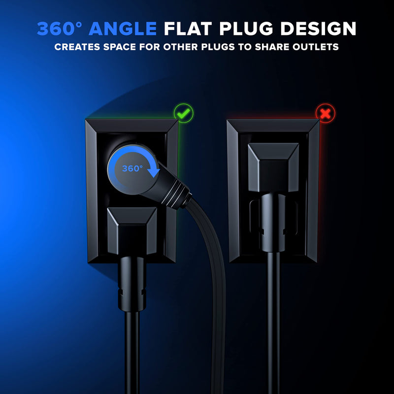 Maximm Cable 0.5 Ft 360° Rotating Flat Plug Extension Cord/Wire, 16/3 AWG Multi 3 Outlet 3-Prong Grounded Wire - Black - 3 Pack - UL Certified