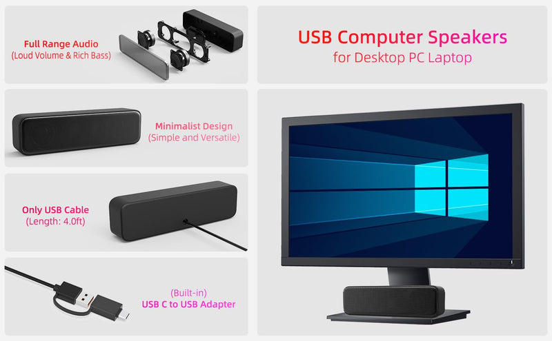 Computer Speakers for Desktop PC, External Speakers for Laptop, Mini Computer Soundbar for PC, Wired USB Plug in Speakers with Loud Sound, Deep Bass, Wide Compatibility – Bult-in USB C to USB Adapter YFQ86