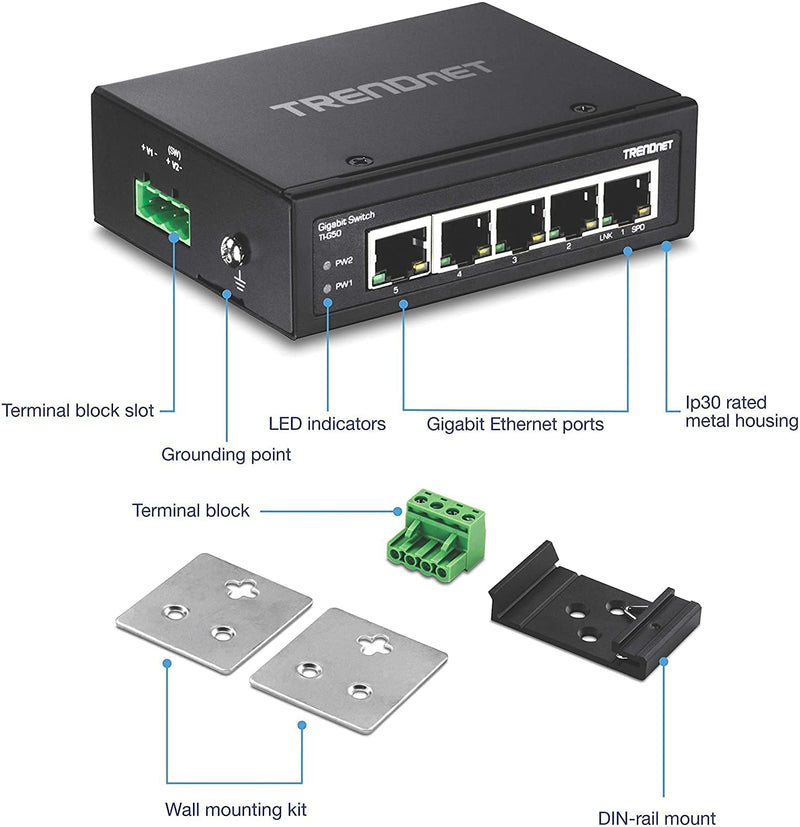 TRENDnet 5-Port Hardened Industrial Gigabit DIN-Rail Switch, 10 Gbps Switching Capacity, IP30 Rated Network Switch (-40 to 167 ºF), DIN-Rail and Wall Mounts Included, Lifetime Protection,Black,TI-G50 5 Port Switch