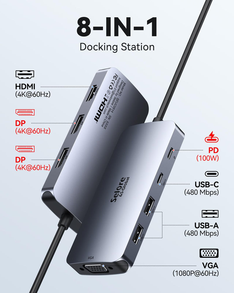 USB C Docking Station Dual Displayport Monitor, USB C Hub Displayport with 2 DP, HDMI, VGA, PD Charging, USB A&C 2.0 Ports Multi Monitors Adapter for Dell/HP/Lenovo, etc Dual DP