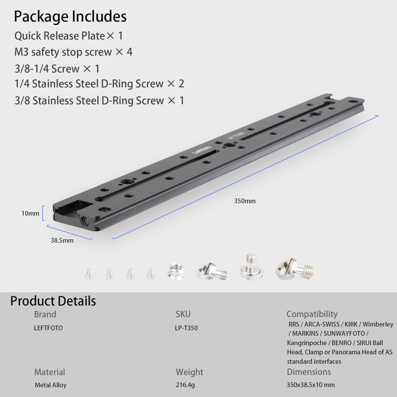 LEFTFOTO 350mm Double Dovetail Slide Rail with Arca Swiss Quick Release Plate,Locating Hole for ARRI,1/4" & 3/8" Threads,Cold Shoe - for DSLR Camera Tripod Ballhead