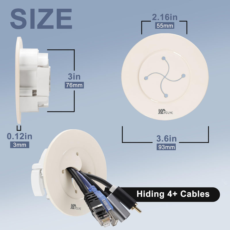 Wire Hiders for TV on Wall, 3in White in Wall Cable Management Kit, YCLYC Cable Hider Wall Grommets for Cables, Wire Hider Wall to Install includes 4 Pass Brackets and 1 Hole Saw Drill 4 Pack