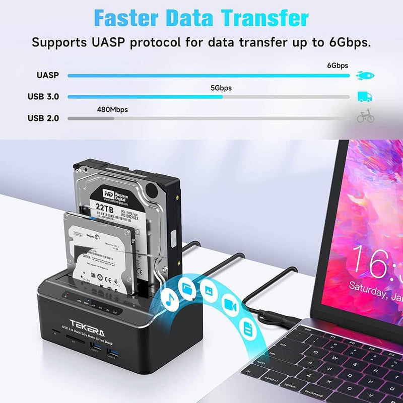 ikuai SATA to USB 3.0 Dual Bay Hard Drive Dock for 2.5" and 3.5" SATA HDD SSD with SD TF Card Reader 2 USB 3.0 Ports and Offline Clone Function External Hard Drive Docking Station (UASP Supported)