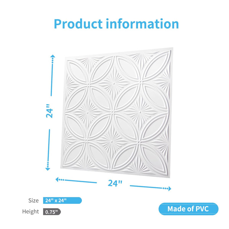 Art3d Decorative PVC Drop Ceiling Tile 2ft x 2ft in White,Glue up Ceiling Panel 24 x 24in.12pcs 24*24
