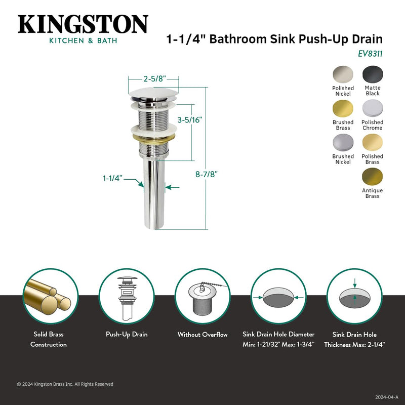 Kingston Brass EV8316 Coronet Push Pop-Up Bathroom Sink Drain Without Overflow, Polished Nickel 8.88 x 2.63 x 2.63