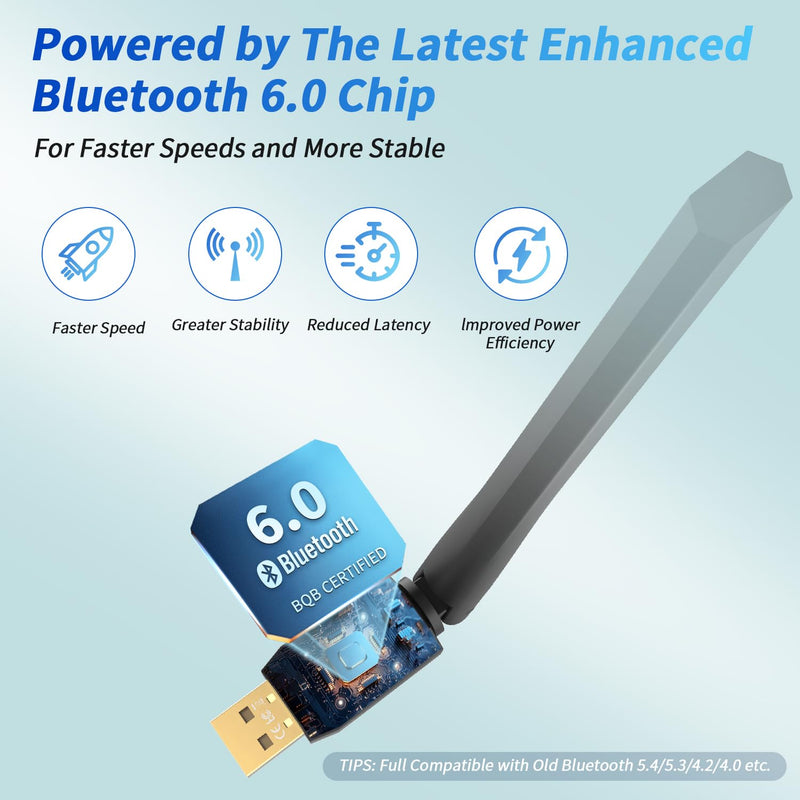 Long Range Bluetooth 6.0 Adapter for PC, Built-in PA for 5dBi High-Gain Wireless USB Dongle for Windows 11/10/8.1 Laptop Desktop, Plug & Pair w/Bluetooth Headphones Speaker Keyboard Mouse