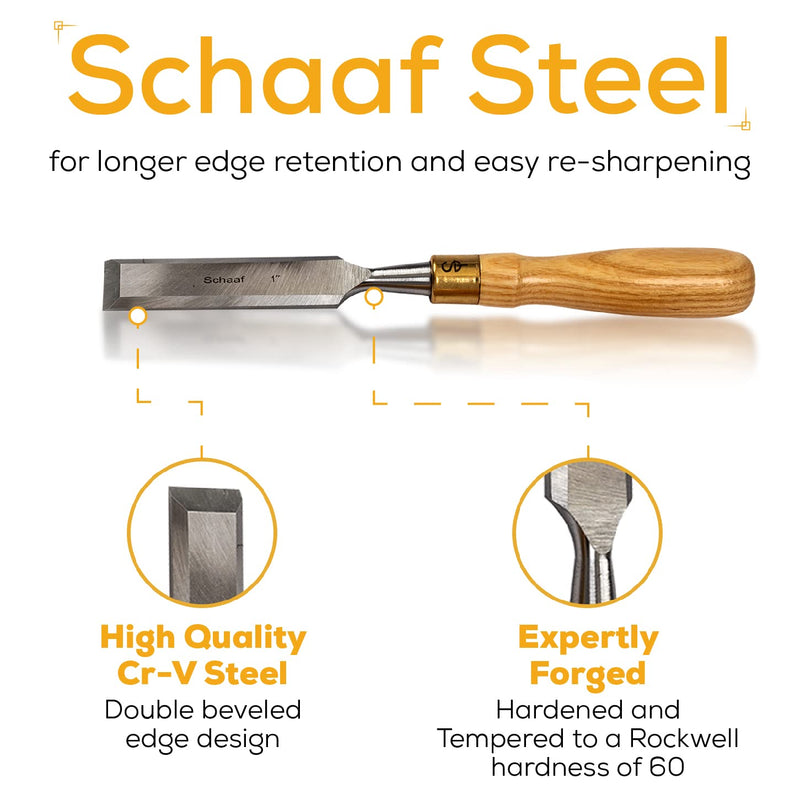 Finely Crafted Wood Chisel Set, 4 High-Performance Woodworking Chisels with Durable, Sharp CR-V Steel Blades Tempered to 60HRc, Chisel Set with Tool Roll from Schaaf Wood Carving Tools