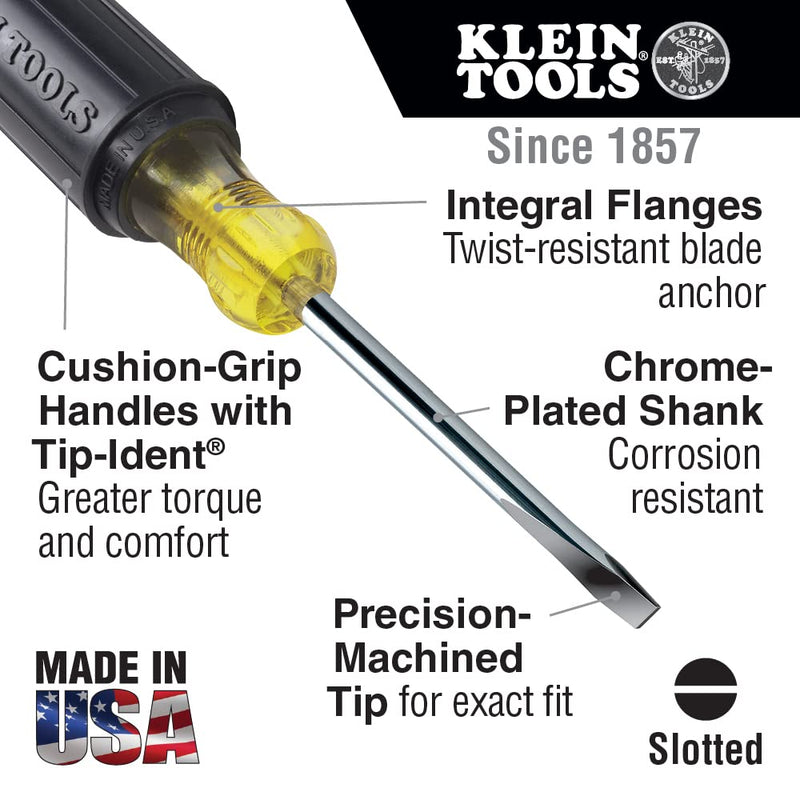 Klein Tools 600-4 1/4-Inch Keystone Cushion-Grip Screwdriver, Made in USA Sqaure Shank 1/4-Inch Keystone Tip, 4-Inch Shank