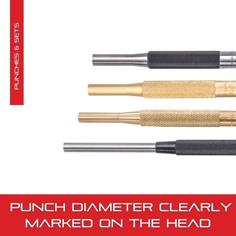 Starrett Brass Drive Pin Punch Set, 4" Length, 1/16"-5/16" Dia, 8 Pieces | With Knurled Grip in Protective Fabric Pouch, Non-Sparking, Sizes Clearly Mark on the Head, Made of Brass - SB565Z