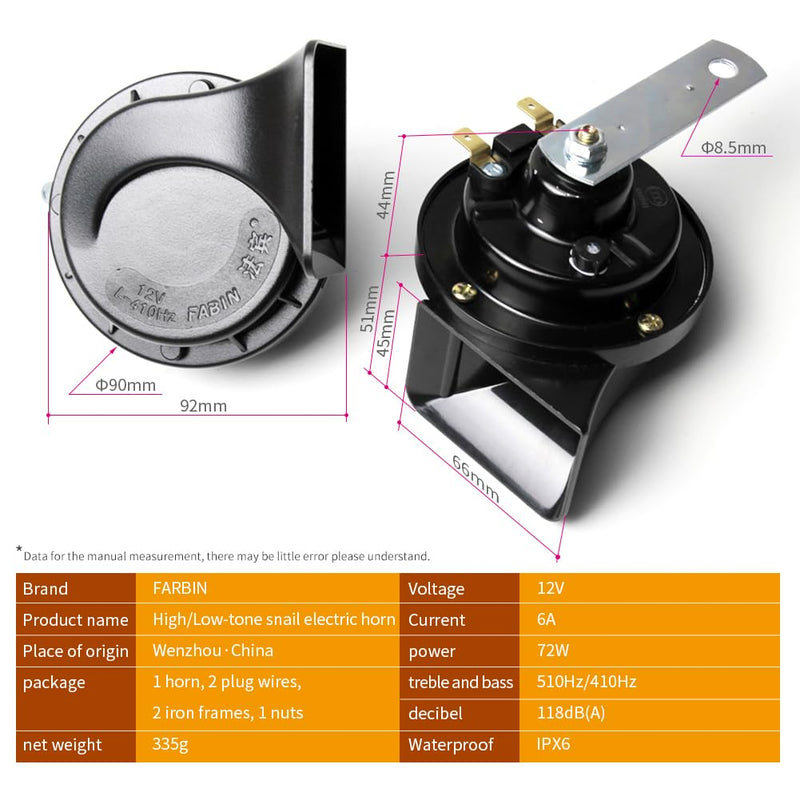 FARBIN Compact Horn 12V Car Horn Loud Low-Tone 410HZ Waterproof Auto Horn Electric Snail Horn Universal for Any 12V Vehicles (Single low pitched snail horn, 12v) Single low pitched snail horn