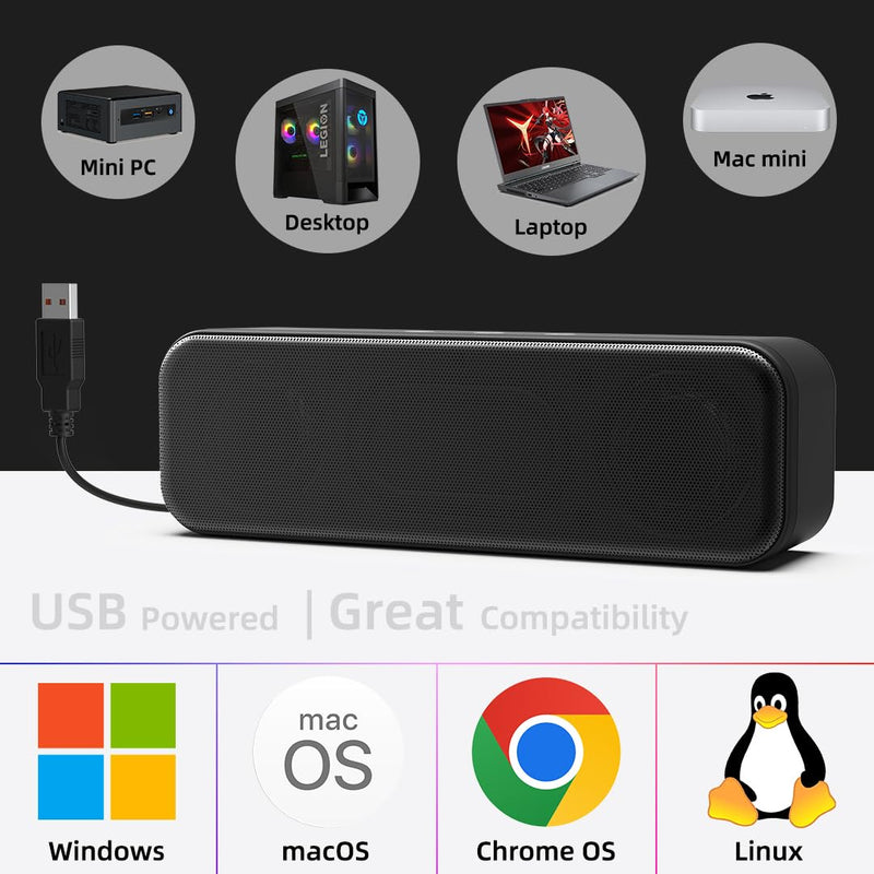 [Upgraded] USB Computer Speakers for Desktop PC, Laptop | Plug-N-Play | Small Soundbar with Crystal-Clear Sound, Loud Volume, Deep Bass, Touch Control, Compatible with Windows, macOS, ChromeOS, Linux 8Watt