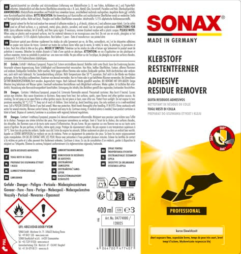 Sonax Adhesive Residual Remover (400 ml) | Adhesive remover for stickers, films & labels - residue-free, fast and safe on hard surfaces. 400ml