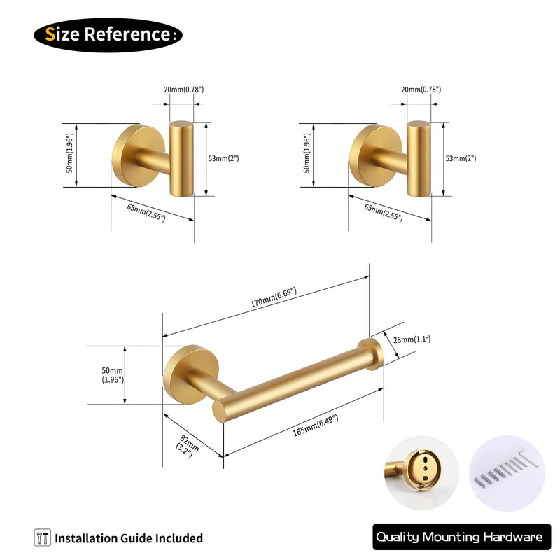 GERZWY Bathroom 3-Piece Accessories Hardware Set Gold Stainless Steel - 2X Coat Hook Toilet Paper Holder AG1401B-BE