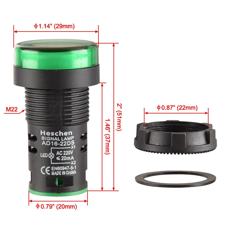 Heschen 22mm LED Indicator Light AD16-22D/S 220V AC 20mA Green Light Color Pack of 5
