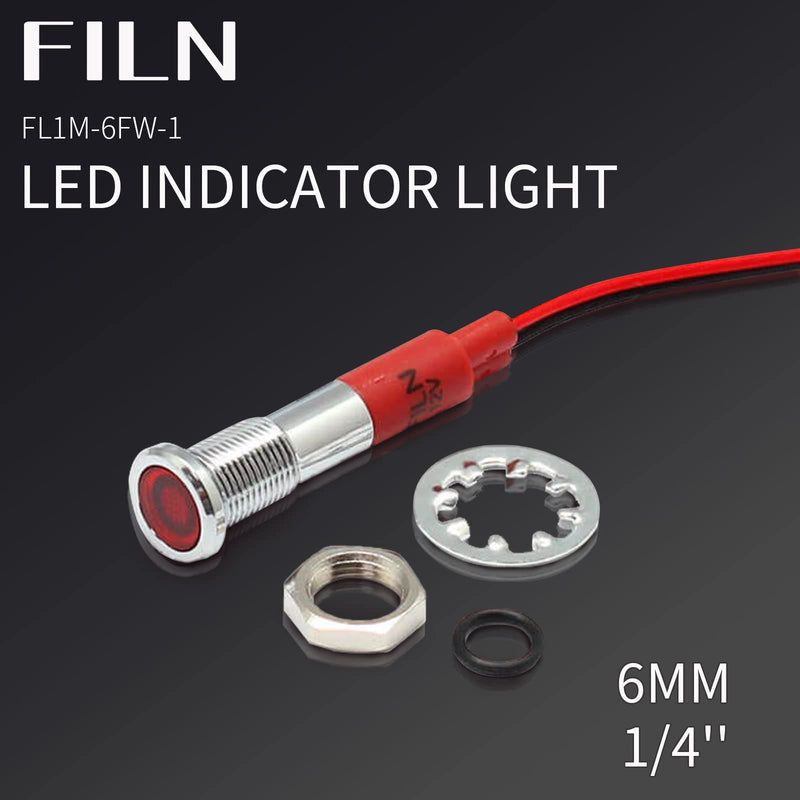 FILN Pack of 10 12V LED indicator light pilot signal lamp 6mm (1/4") 24V red green blue yellow white metal surface lights (black anodized-red2pcs+green2pcs+yellow2pcs+blue2pcs+white2pcs) (red+green+yellow+blue+white) 2 pieces black anodized