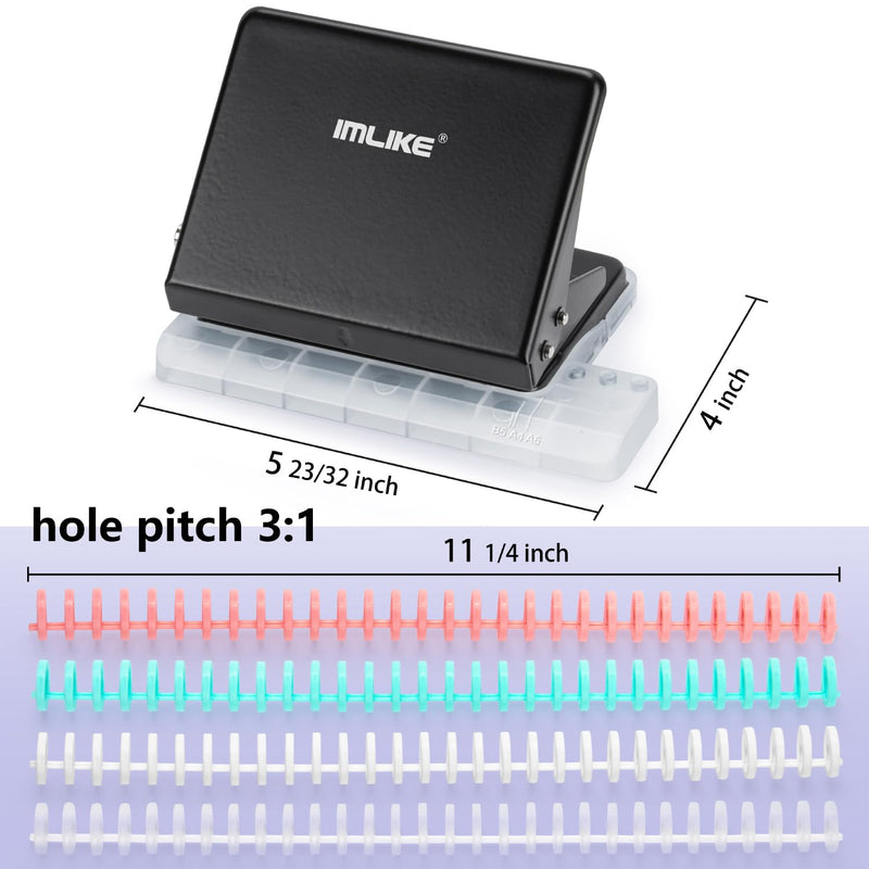 IMLIKE 10-Hole Binding Machine for Planners - Metal Manual Binding System with 10 Multi-Color 30-Hole Loose Leaf Binding Spines - Punches 26 Holes on B5, 30 Holes on A4, 20 Holes on A5 Paper - Black