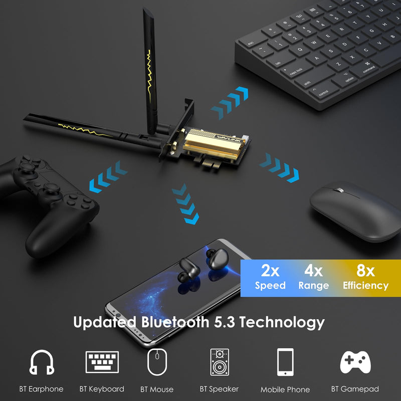 WAVLINK WiFi 6E AX5400 PCIe WiFi Card for Desktop PC, Tri-Band AX210 WiFi Card with Bluetooth 5.3, MU-MIMO, OFDMA, WPA3, Low-Profile Bracket, Heat Sink, Compatible with Windows 11/10, Linux