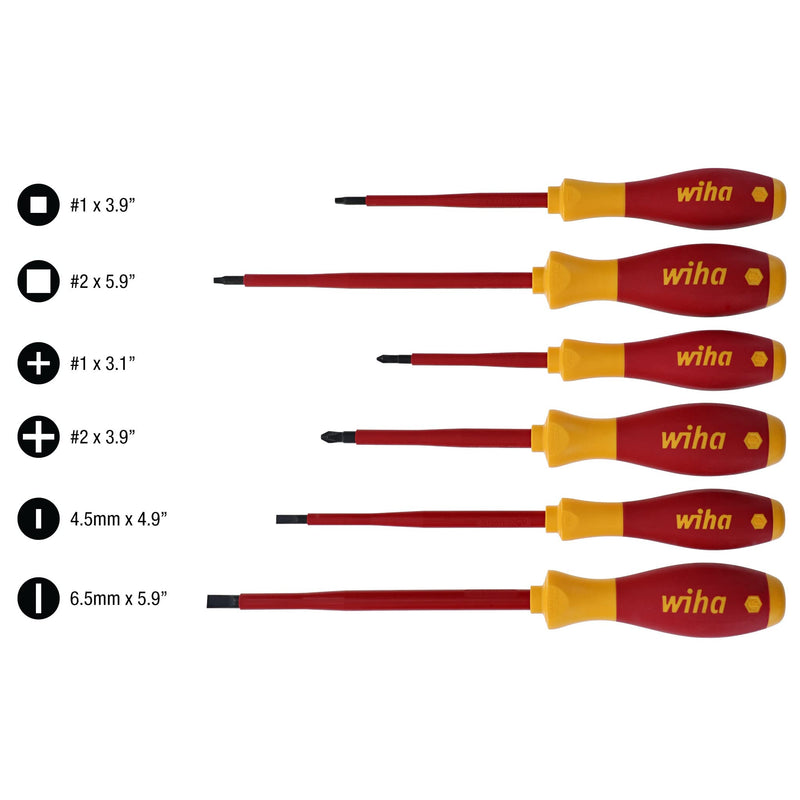 Wiha 35890 Insulated Slotted Phillips and Square Screwdriver Set, 6-Piece