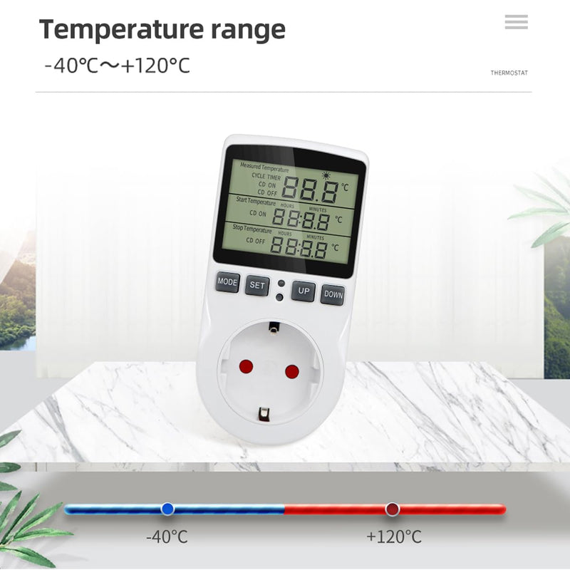 Greluma 1 Piece AC 230V Digital Temperature Controller Socket with Sensor Probe, Heating Cooling Thermostat Socket with Timer, LED Display Thermostat Switch for Greenhouse, Aquarium
