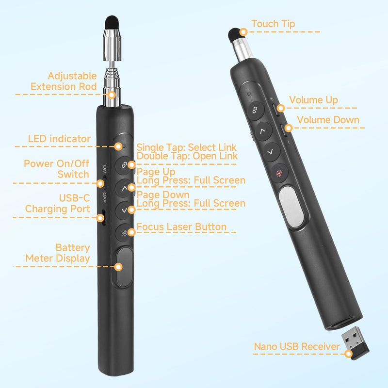 Wireless Presentation Clicker with Retractable Pointer and Stylus, Compatible with PowerPoint Google Slides Keynote, for Mac Windows Computer, Classroom and Office Use