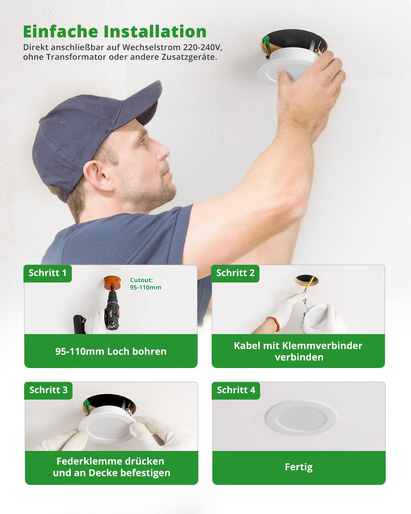 HOMEOW Recessed LED Spotlights 230 V 95 mm - 110 mm Hole Size 7 W 700 LM | Neutral White 4000K Ceiling Spot, Recessed Spot Diameter 118 mm, IP44 Recessed Lights for Bathroom Kitchen Living Room 12-Pack Neutral White 7W, 95-110 mm Hole Size