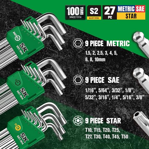 SK 27-Piece Allen Wrenches Sets, Metric/SAE/Star Hex Key Set, S2 Steel SAE/Metric/Star