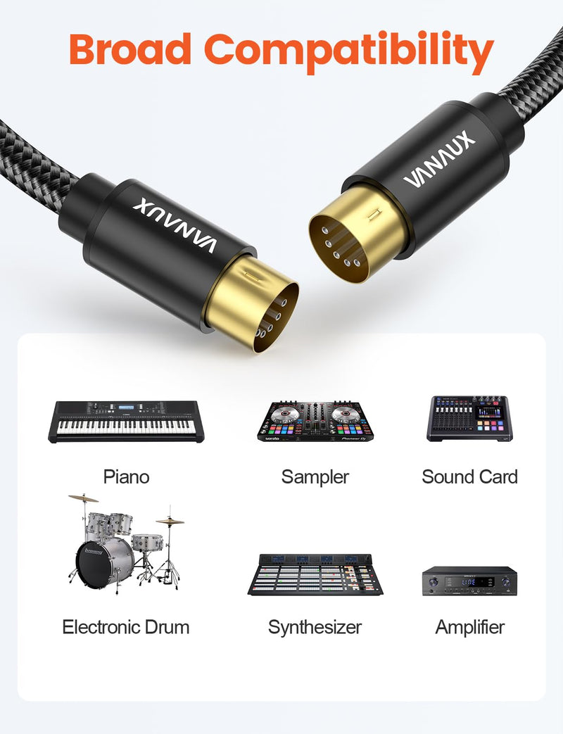 VANAUX MIDI Cable 3FT, Male to Male 5-Pin MIDI Cable Compatible with MIDI Keyboard, Keyboard Synth, Rack Synth, Sampler, External Sound Card, Sound Source and More-Black