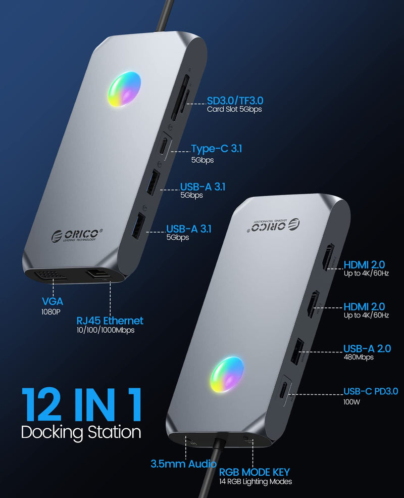 Docking Station USB C to Dual HDMI Adapter, ORICO 12 in 1 RGB USB C Hub with Dual HDMI, VGA, 100W PD, Ethernet, 4 USB Ports, SD/TF, Audio, 14 RGB Lighting Modes, Compatible for Windows/Mac OS（Grey） X1 Grey