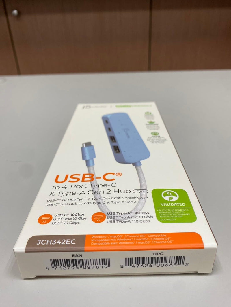 j5create 4-in-1 USB-C to 4-Port Type-A & Type-C Hub(Eco-Friendly), 10 Gbps USB-A x 2 & 10 Gbps USB-C x 2, Compatible with MacBook Pro, MacBook Air, iPad, Mac mini, Cyan/Blue (JCH342EC) Fresh Cyan