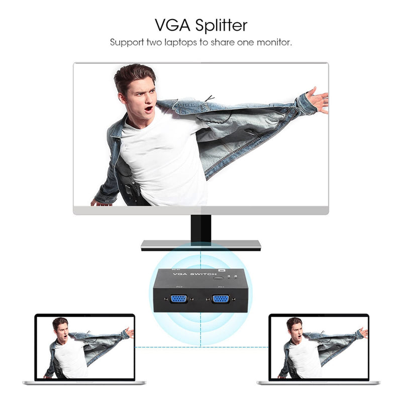 VGA Splitter Switcher, 2 in 1 Out 2 Port, Support 50ft Distance, Outdoor LED Display Connection, Plug and Play for 1 PC to Monitor Computer