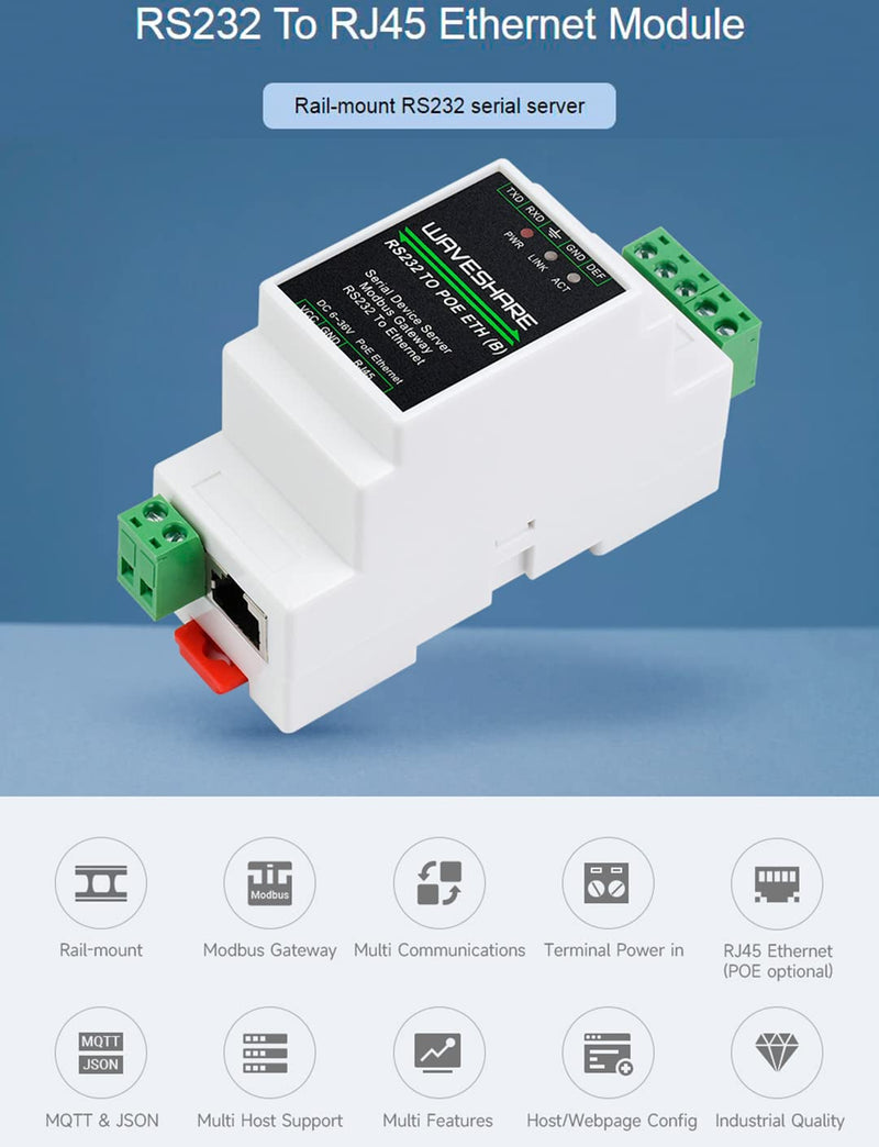 RS232 to RJ45 Ethernet Converter Adapter with POE Function,Rail-Mount RS232 Serial Server, Bi-Birectional Transparent Data Transmission Between RS232 and Ethernet, Support Modbus MQTT TCP/IP