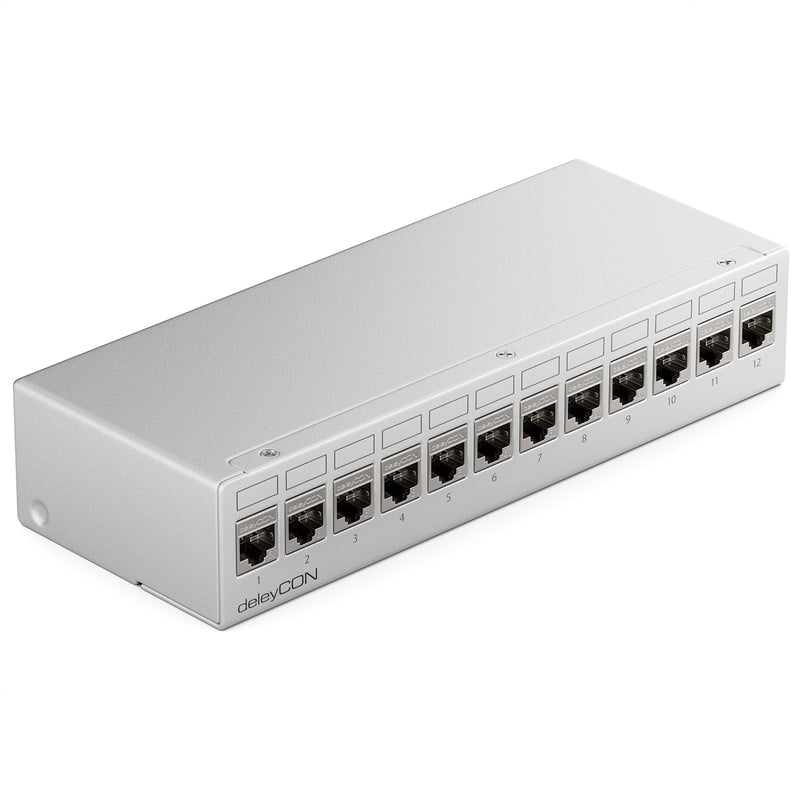 deleyCON 12-Port Patch Panel Set, CAT6a STP 1U - Grey | Distribution panel with 12x RJ45 Keystone jack modules, compatible with CAT6, CAT6a, and CAT7 installation cables, network cables, Ethernet LAN, DSL, grey, 12 ports + 12x RJ45 Keystone
